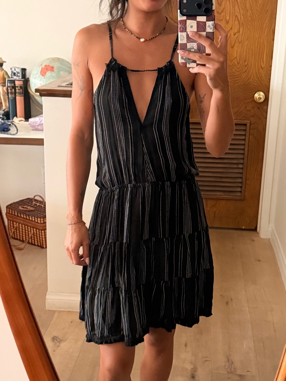 Free People Black Striped Tiered Spaghetti-Strap Mini Dress